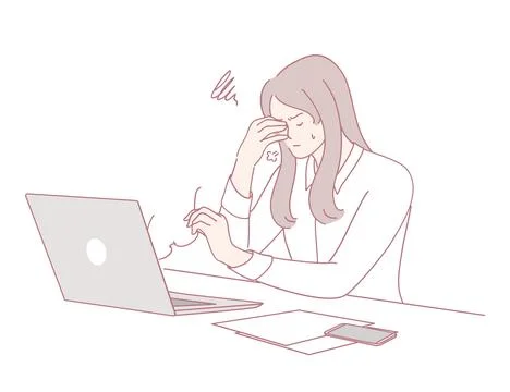 An office worker feels overwhelmed by technology challenges at work, causing Stock Illustration