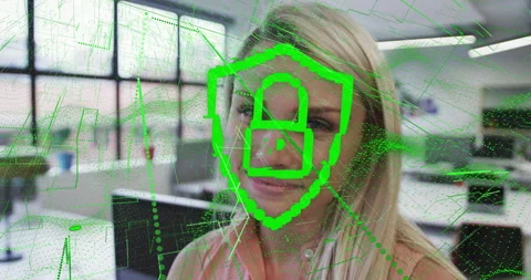 Office worker gazing toward grid window initiating green security scan unlocking Stock Footage 312229487
