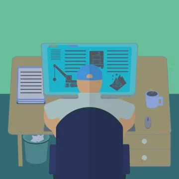 Office worker at his computer desk. Office section interior view Illustrazione stock