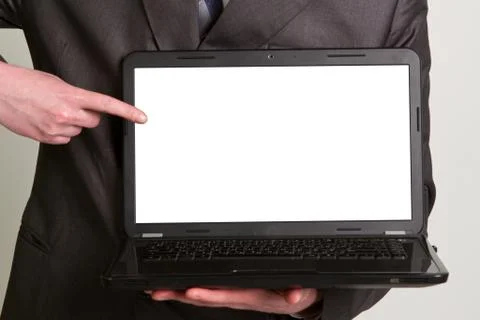 Office worker holding blank computer monitor Фото