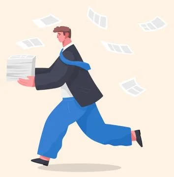 Office worker holding stack of documents running, unorganized man in panic of Stock Illustration