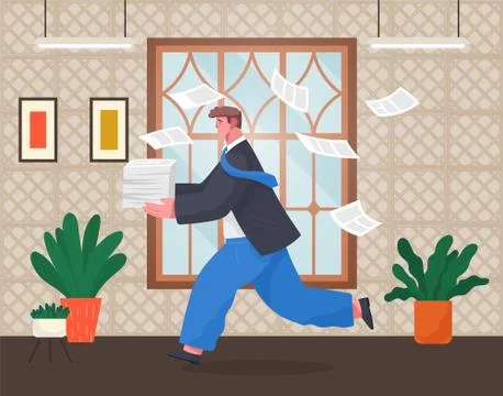 Office worker holding stack of documents running in office, unorganized man in 库存插图