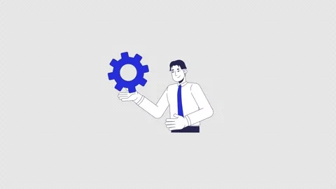 Office worker korean man holding cog gear 2D character animation Stock Footage 299818946