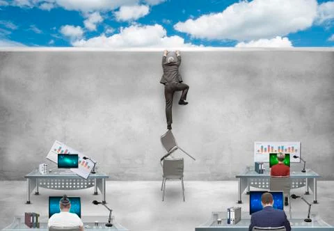 Office worker leaves work place through wall Stock Photos