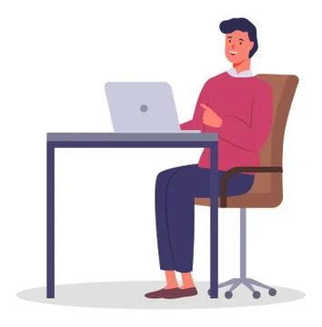 Office worker man behind a desk with a laptop. Businessman or a clerk working at Illustrazione stock