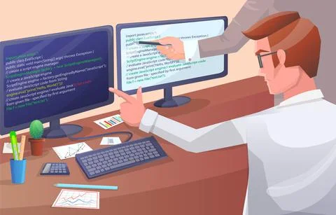 Office worker man sitting at desk with computer. Programmer writing program code Stock Illustration
