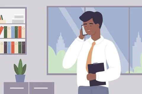 Office worker man talking on mobile phone, young businessman manager holding Illustrazione stock