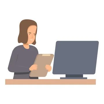 Office worker managing tasks, working on a computer and writing on a clipboard Stockillustratie