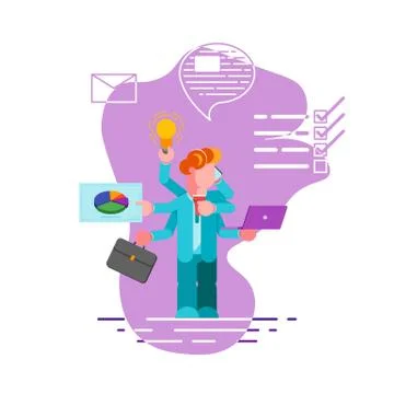 Office worker with many hands doing several actions at the same time. Multita Stock Illustration