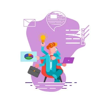 Office worker with many hands doing several actions at the same time. Multita Stock Illustration