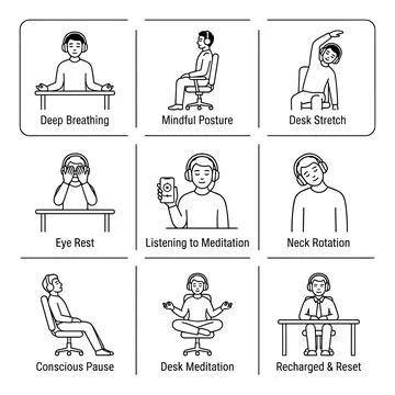 Office worker mindfulness exercises, meditation and stretching illustration.. Stock Illustration