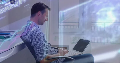 Office worker opening laptop and coding while holographic code projections Stock Footage 325837241