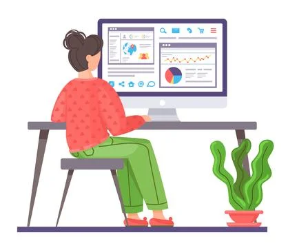 Office worker or freelancer analysing statistic, data, graphics, navigation Stock Illustration