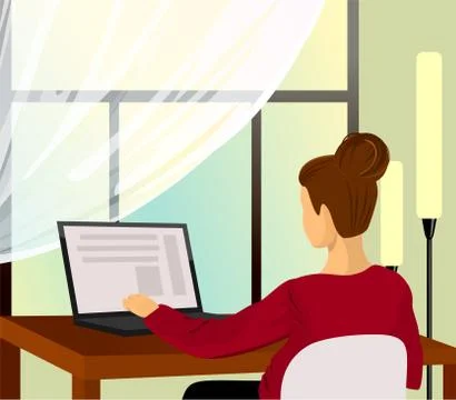 Office worker or freelancer. Pretty woman is sitting at the desk and working on Illustrazione stock