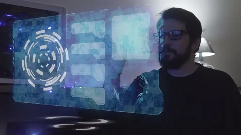 Office worker or hacker designs report on hologram. Interactive screen Stock Footage 146114692