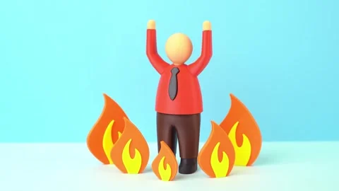 An office worker panics in the middle of a fire. Stress and burnout at work. Stock Footage 335882481
