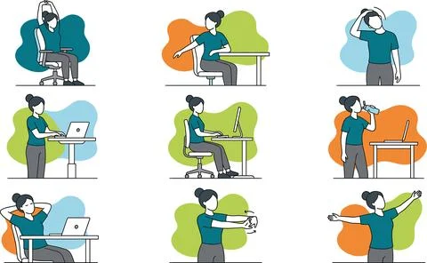 Office Worker Performing Various Stretches and Exercises at Desk. Stock Illustration