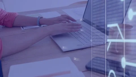 Office worker placing fingers on keyboard and typing for work, binary overlay Stock Footage 335732021