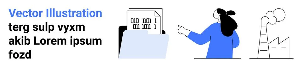 Office worker pointing at binary files in a folder, alongside an industrial f Stock Illustration