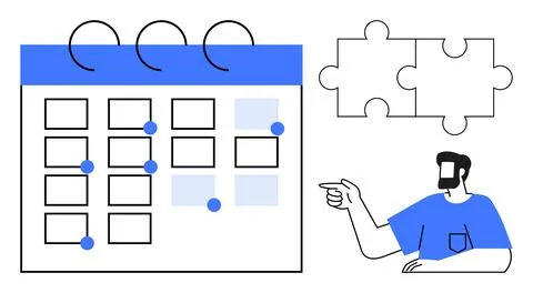 Office Worker Pointing at Calendar with Puzzle Pieces Representing Project .. Stock Illustration