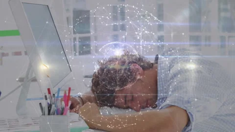 Office worker pressing temples at desk causing pulsing globe above head slumping Stock Footage 311141246