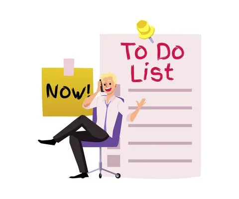 Office worker procrastinates at todo list backdrop, flat vector isolated. Stock Illustration