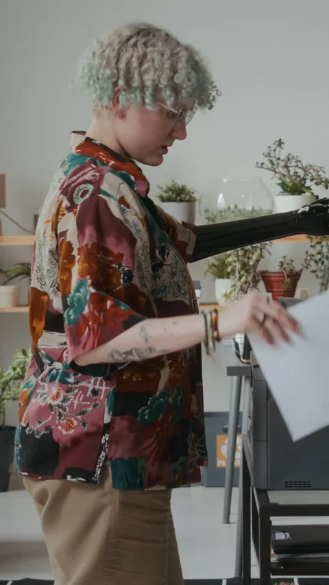 Office Worker with Prosthetic Arm Scanning Document on Multifunction Printer 動画素材 306745384