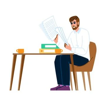 Office worker reviewing documents at desk with coffee Stock Illustration