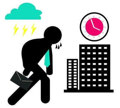 Office worker running with briefcase in bad weather showing deadline Illustrazione stock