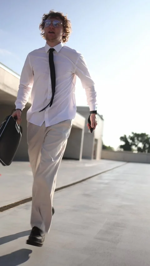 Office worker rushes to work carrying briefcase and smartphone in his hands Stock Footage 345993647
