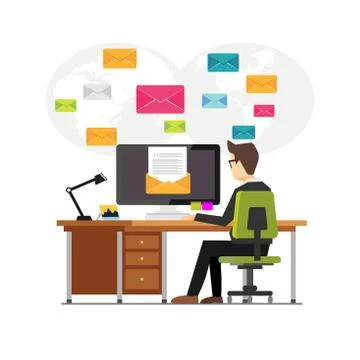 An office worker sending emails and communication with clients. Email marketi Stock Illustration