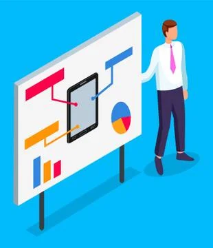 Office worker show presentation at board, tablet with text blocks, pie chart Illustrazione stock