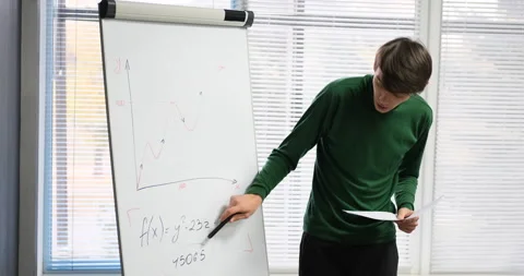 Office worker shows a report on flipchart online Stockbeeldmateriaal 146904292