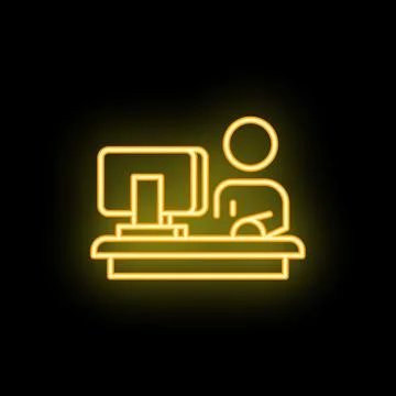 Office worker siting at the table and working on computer neon icon Illustrazione stock