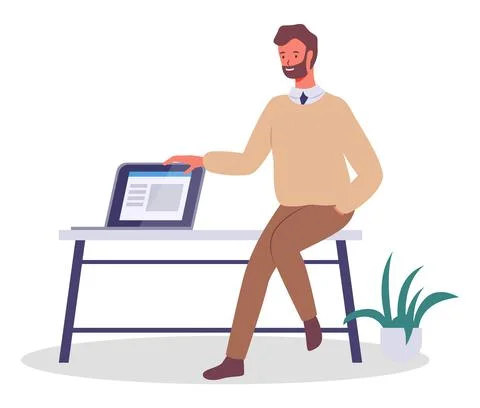 Office worker sitting on a bench with a laptop. Businessman sitting in hallway Illustrazione stock