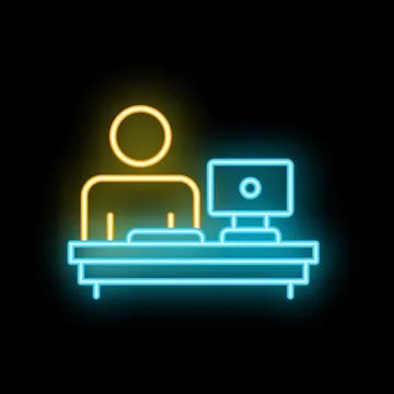 Office worker sitting at desk with computer neon sign icon Stock Illustration
