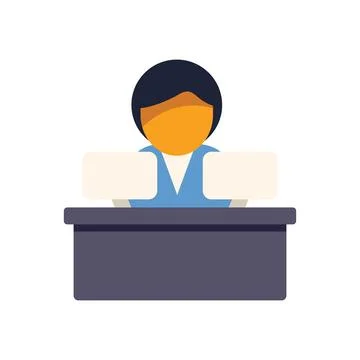 Office worker sitting at desk with two monitors working on computer icon Stock Illustration
