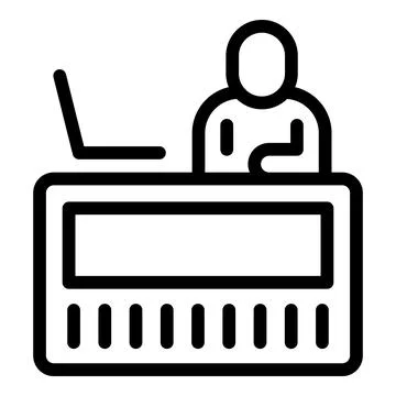 Office worker sitting at desk using laptop computer icon Stock Illustration