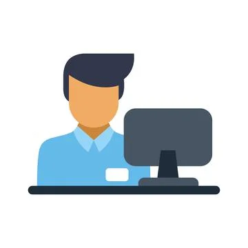 Office worker sitting at desk using desktop computer 스톡 일러스트