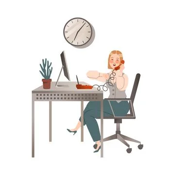 Office worker sitting at desk working with laptop computer and talking on phone Stock Illustration