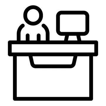 Office worker sitting at desk working on computer icon Illustrazione stock