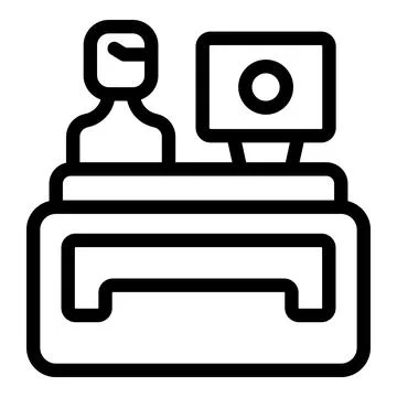 Office worker sitting at desk working on computer icon Stock Illustration