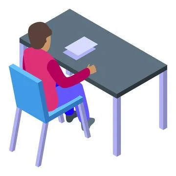 Office worker sitting at desk working on documents isometric icon Stockillustratie