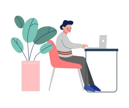 Office Worker Sitting at the Table and Working on the Laptop Computer, Business Illustrazione stock