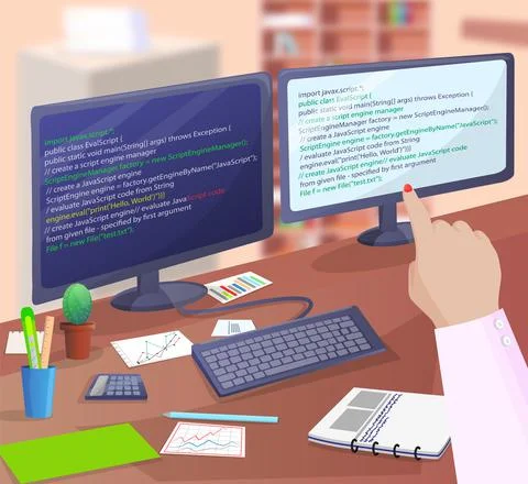 Office worker sitting at table with computer pointing to monitor, programmer Stock-Illustration