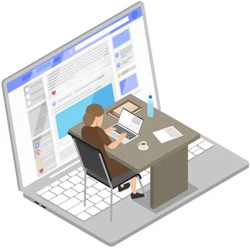 Office worker sitting at table with computer. Business woman or clerk working at Stock Illustration