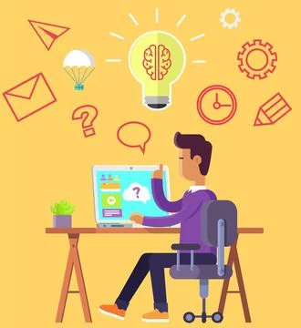 Office worker sitting at table with computer. Businessman at workplace develops Stock Illustration