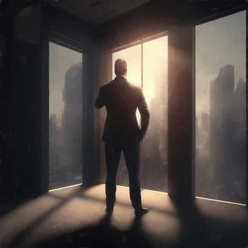 An office worker standing in front of a dramatic window Stock Illustration