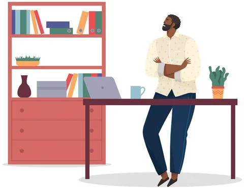 Office worker standing next to table with laptop. Man enterpreneur resting Stock Illustration