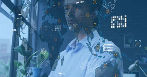 Office worker standing by window, world map overlay appearing, data icons Stock Footage 318046802
